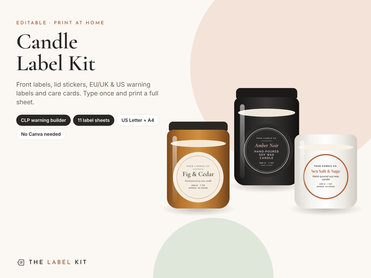 Candle jars with printed front labels made with the Candle Label Kit